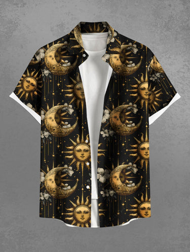 Gothic Plus Size Sun Moon Hibiscus Flower Galaxy Print Button Pocket Shirt For Men