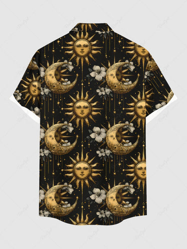 Gothic Plus Size Sun Moon Hibiscus Flower Galaxy Print Button Pocket Shirt For Men