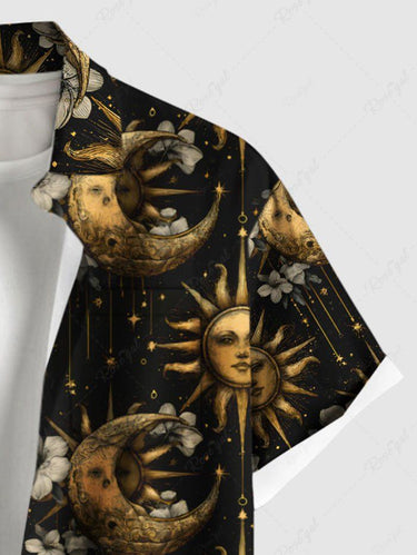 Gothic Plus Size Sun Moon Hibiscus Flower Galaxy Print Button Pocket Shirt For Men