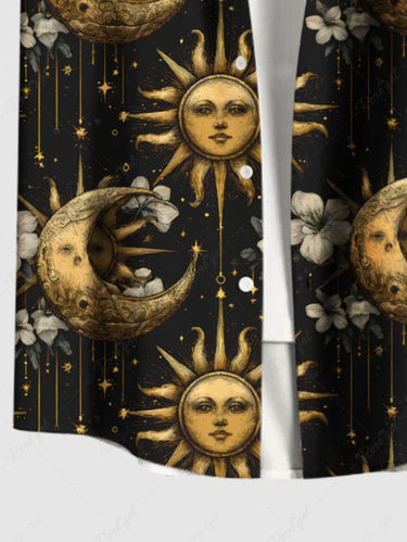 Gothic Plus Size Sun Moon Hibiscus Flower Galaxy Print Button Pocket Shirt For Men