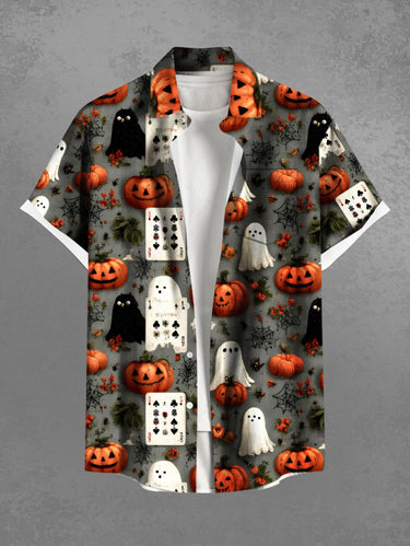 Gothic Plus Size Pumpkin Ghost Spider Web Poker Print Halloween Button Pocket Shirt For Men