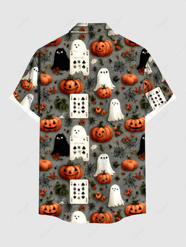 Gothic Plus Size Pumpkin Ghost Spider Web Poker Print Halloween Button Pocket Shirt For Men