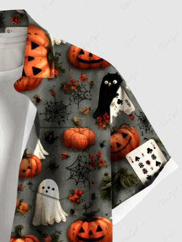 Gothic Plus Size Pumpkin Ghost Spider Web Poker Print Halloween Button Pocket Shirt For Men