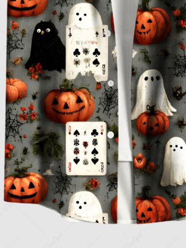 Gothic Plus Size Pumpkin Ghost Spider Web Poker Print Halloween Button Pocket Shirt For Men