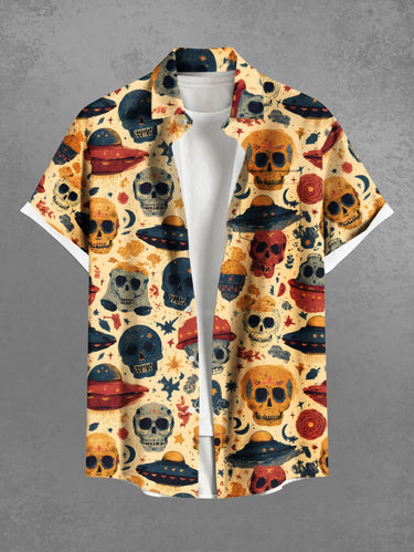 Gothic Plus Size Skull UFO Print Button Pocket Shirt For Men