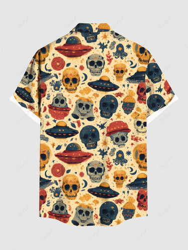 Gothic Plus Size Skull UFO Print Button Pocket Shirt For Men