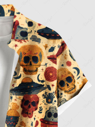 Gothic Plus Size Skull UFO Print Button Pocket Shirt For Men