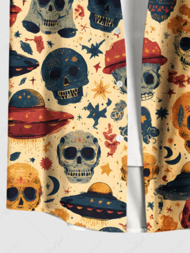 Gothic Plus Size Skull UFO Print Button Pocket Shirt For Men