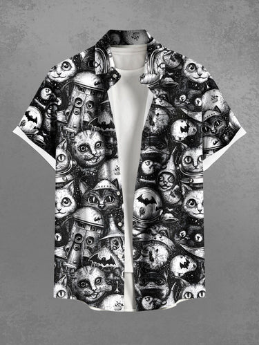 Gothic Plus Size Cat Bat Print Halloween Button Pocket Shirt For Men