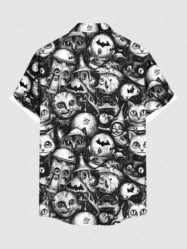 Gothic Plus Size Cat Bat Print Halloween Button Pocket Shirt For Men