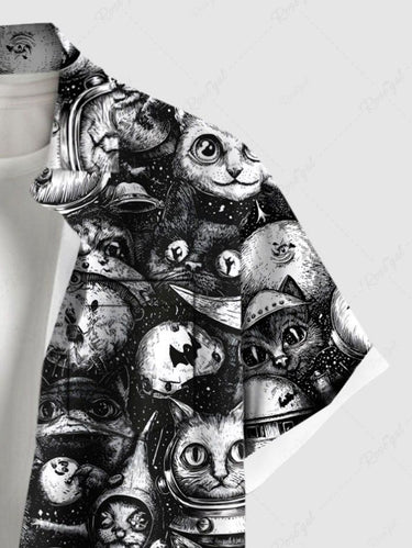 Gothic Plus Size Cat Bat Print Halloween Button Pocket Shirt For Men