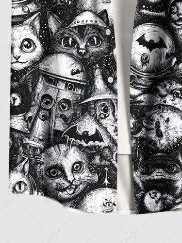 Gothic Plus Size Cat Bat Print Halloween Button Pocket Shirt For Men