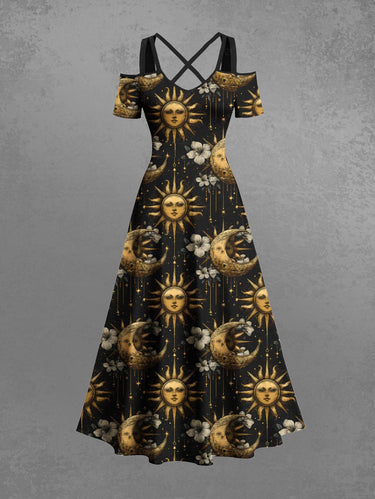 Gothic Plus Size Sun Moon Hibiscus Flower Galaxy Print Cold Shoulder Crisscross Strappy A Line Maxi Dress