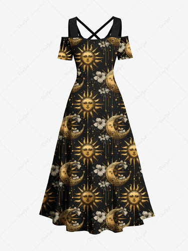 Gothic Plus Size Sun Moon Hibiscus Flower Galaxy Print Cold Shoulder Crisscross Strappy A Line Maxi Dress