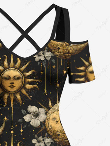 Gothic Plus Size Sun Moon Hibiscus Flower Galaxy Print Cold Shoulder Crisscross Strappy A Line Maxi Dress