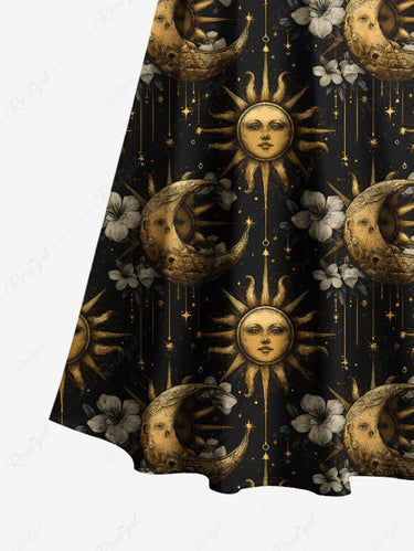 Gothic Plus Size Sun Moon Hibiscus Flower Galaxy Print Cold Shoulder Crisscross Strappy A Line Maxi Dress