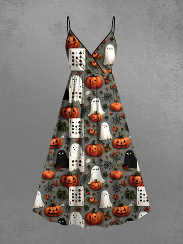 Gothic Plus Size Pumpkin Ghost Spider Web Poker Print Halloween Surplice A Line Cami Dress