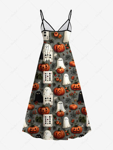 Gothic Plus Size Pumpkin Ghost Spider Web Poker Print Halloween Surplice A Line Cami Dress