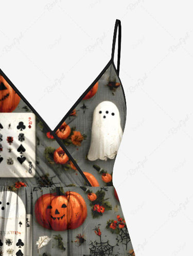 Gothic Plus Size Pumpkin Ghost Spider Web Poker Print Halloween Surplice A Line Cami Dress
