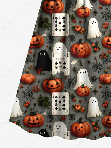 Gothic Plus Size Pumpkin Ghost Spider Web Poker Print Halloween Surplice A Line Cami Dress