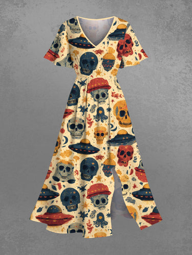 Gothic Plus Size Skull UFO Print Split Pocket A Line Midi Dress