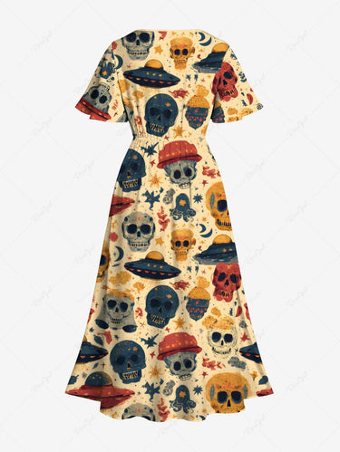 Gothic Plus Size Skull UFO Print Split Pocket A Line Midi Dress