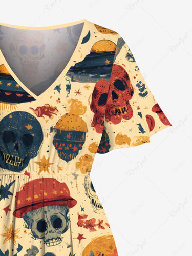 Gothic Plus Size Skull UFO Print Split Pocket A Line Midi Dress