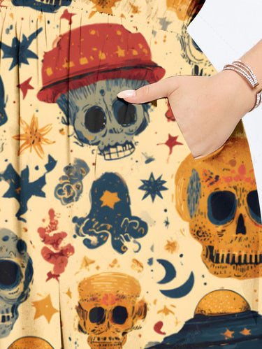 Gothic Plus Size Skull UFO Print Split Pocket A Line Midi Dress