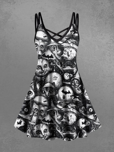 Gothic Plus Size Cat Bat Print Halloween Crisscross Strappy A Line Cami Dress