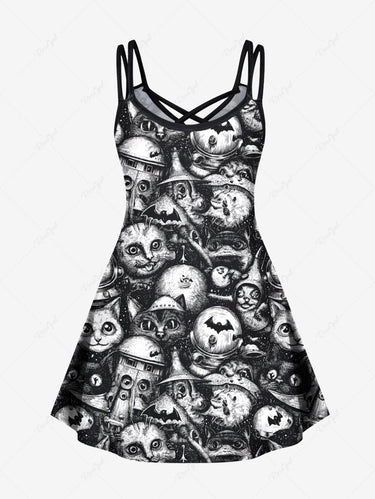 Gothic Plus Size Cat Bat Print Halloween Crisscross Strappy A Line Cami Dress