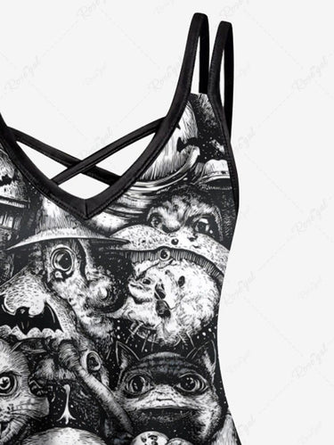 Gothic Plus Size Cat Bat Print Halloween Crisscross Strappy A Line Cami Dress