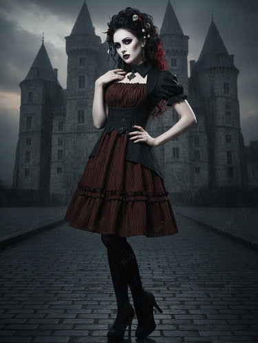 Gothic 100% Cotton Striped Print Cut Out Panel Mock Buttons 2 in 1 A Line Dress