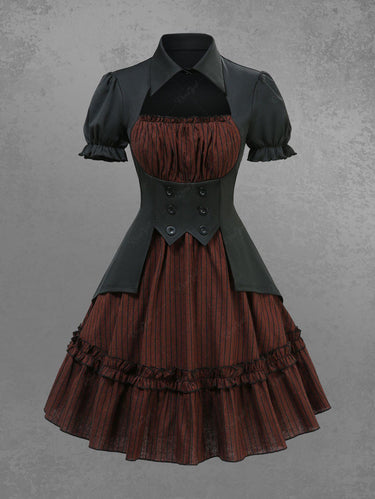 Gothic 100% Cotton Striped Print Cut Out Panel Mock Buttons 2 in 1 A Line Dress