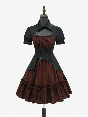 Gothic 100% Cotton Striped Print Cut Out Panel Mock Buttons 2 in 1 A Line Dress