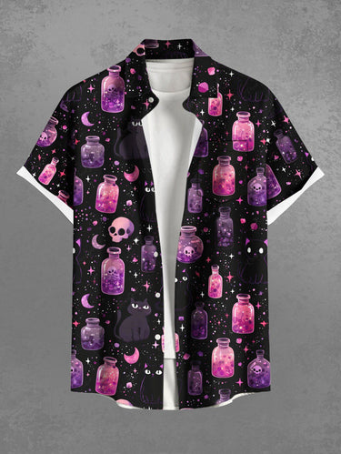 Gothic Plus Size Skull Bottle Moon Cat Galaxy Print Button Pocket Shirt For Men