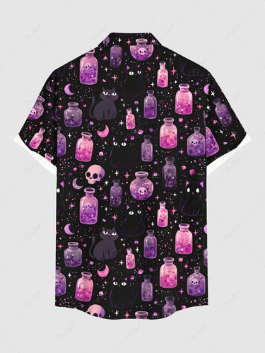 Gothic Plus Size Skull Bottle Moon Cat Galaxy Print Button Pocket Shirt For Men