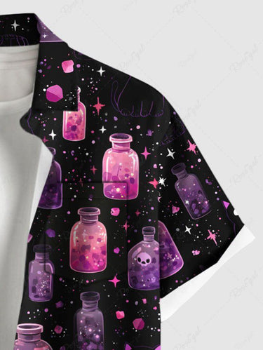 Gothic Plus Size Skull Bottle Moon Cat Galaxy Print Button Pocket Shirt For Men