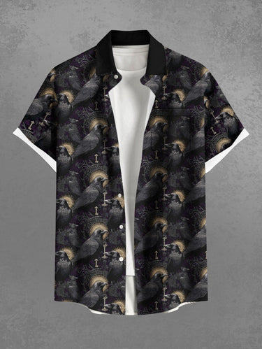 Gothic Plus Size Crow Mirrow Print Button Pocket Shirt For Men
