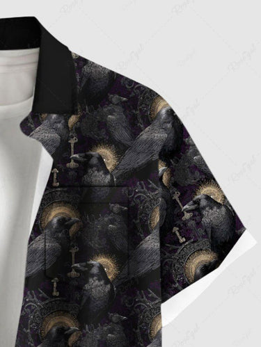 Gothic Plus Size Crow Mirrow Print Button Pocket Shirt For Men