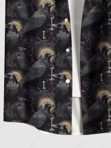 Gothic Plus Size Crow Mirrow Print Button Pocket Shirt For Men