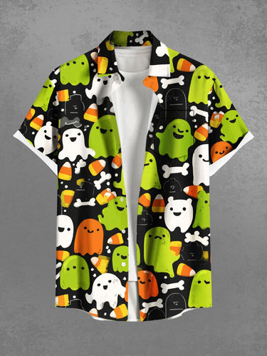 Gothic Plus Size Cute Ghost Bone Print Halloween Button Pocket Shirt For Men