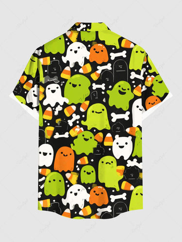 Gothic Plus Size Cute Ghost Bone Print Halloween Button Pocket Shirt For Men