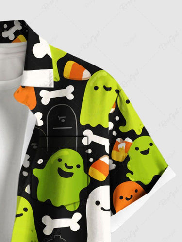 Gothic Plus Size Cute Ghost Bone Print Halloween Button Pocket Shirt For Men