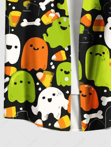 Gothic Plus Size Cute Ghost Bone Print Halloween Button Pocket Shirt For Men
