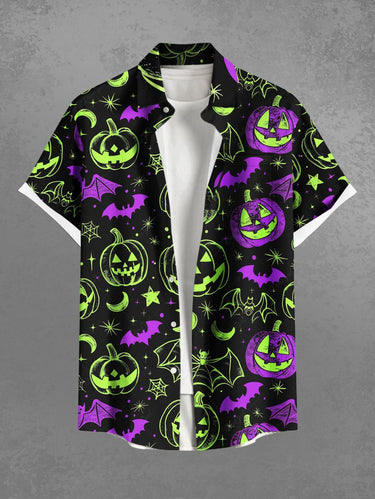 Gothic Plus Size Pumpkin Lantern Bat Spider Web Moon Star Galaxy Print Halloween Button Pocket Shirt For Men