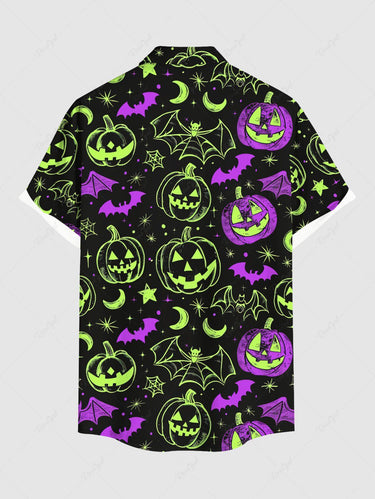Gothic Plus Size Pumpkin Lantern Bat Spider Web Moon Star Galaxy Print Halloween Button Pocket Shirt For Men
