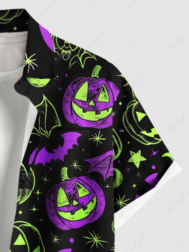 Gothic Plus Size Pumpkin Lantern Bat Spider Web Moon Star Galaxy Print Halloween Button Pocket Shirt For Men