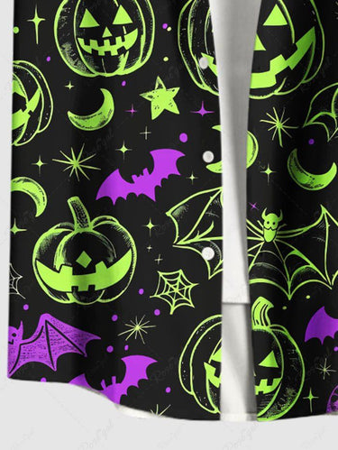 Gothic Plus Size Pumpkin Lantern Bat Spider Web Moon Star Galaxy Print Halloween Button Pocket Shirt For Men