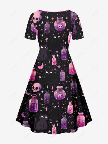 Gothic Plus Size Skull Bottle Moon Cat Galaxy Print Cinched A Line Dress