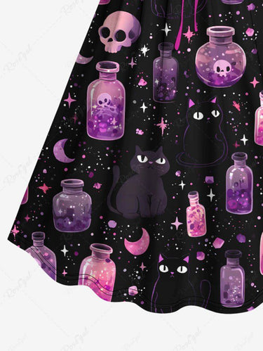 Gothic Plus Size Skull Bottle Moon Cat Galaxy Print Cinched A Line Dress